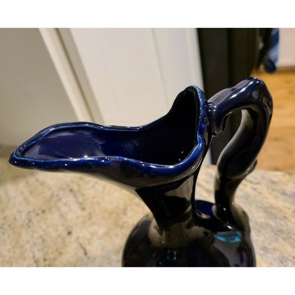 Cobalt Blue Ceramic Gold Trimmed Pitcher Peacock Design 7.5" Tall - Picture 7 of 12